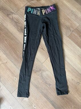 Victoria's Secret PINK Black Leggings with Multicolor Glitter Waistband
